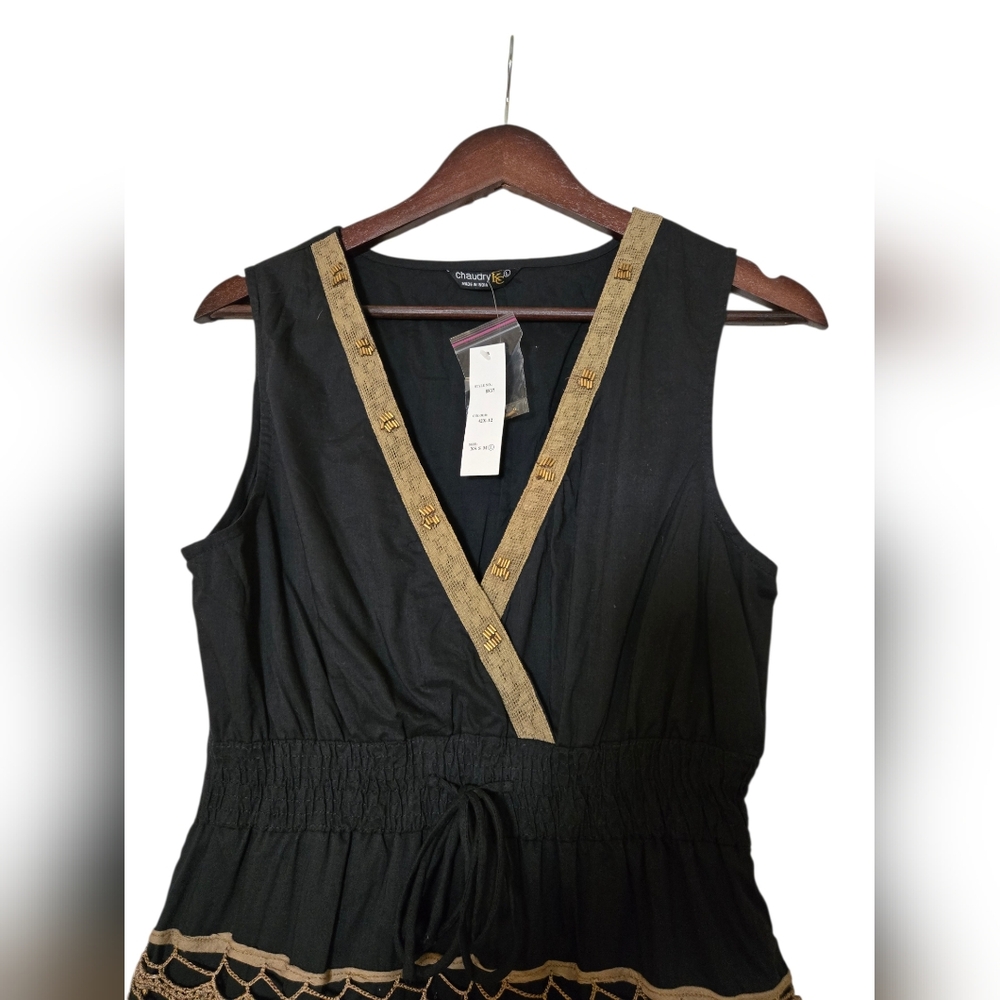 Chaudry Sleeveless Black Dress with Gold Trim NWT Sz LG - Picture 3 of 5